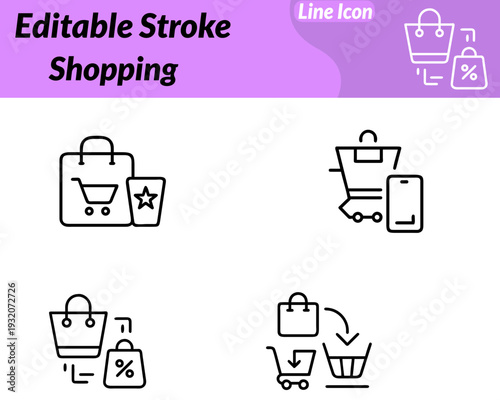 Modern flat vector icon featuring a shopping bag with small cart symbol and checkmark. Representing retail purchase customer. Clean lines minimal design. Commerce retail apps and marketing materials.