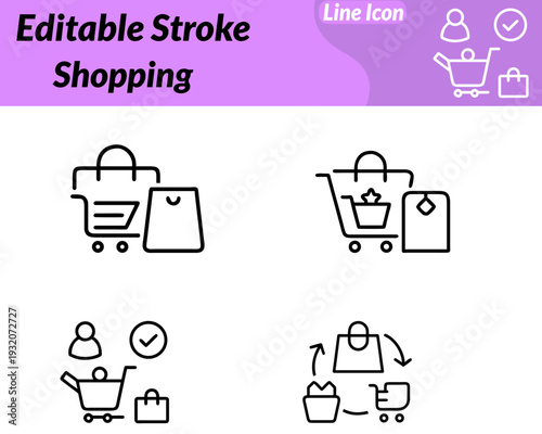 Modern flat vector icon featuring a shopping bag with small cart symbol and checkmark. Representing retail purchase customer. Clean lines minimal design. Commerce retail apps and marketing materials.