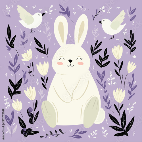 A charming flat vector illustration for Easter or spring. A cute white bunny sits happily among flowers, leaves, and birds on a pastel purple background. Naive, whimsical style for greeting cards.