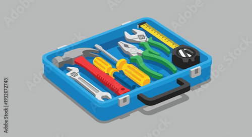 Isometric vector art of an open blue toolbox filled with hand tools: hammer, screwdrivers, wrench, pliers, and tape measure, on a grey background.