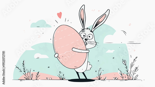 Happy cartoon Easter bunny hugs a giant pink egg. Naive, flat vector illustration with a hand-drawn feel in soft pastels. Joyful and whimsical holiday design with copy space. Perfect for banners