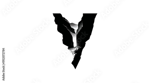 A grayscale illustration depicts a canyon with a waterfall, rendered in a minimalist style