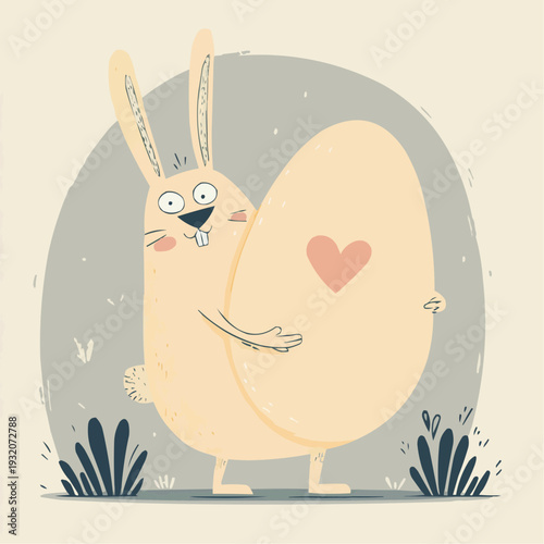 Joyful cartoon Easter bunny hugs a giant egg with a pink heart. Naive flat vector illustration with a muted pastel color palette. Great for holiday greetings, posters, and spring designs.