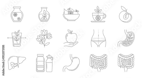 health and wellness icons illustrating natural remedies digestion and detox for a balanced healthy lifestyle
