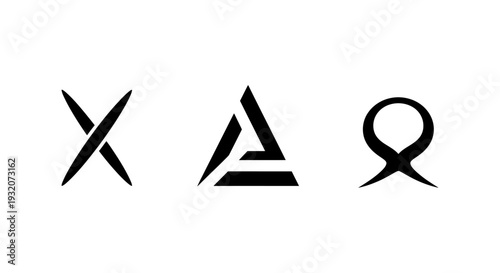 three abstract minimalist graphic design symbols representing modern branding concepts on a clean white background ideal for logos and app icons.