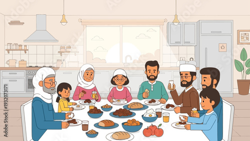 a multi-generational muslim family enjoying a traditional iftar meal together around a dining table celebrating ramadan.