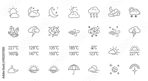 weather and climate data icons illustrating diverse meteorological conditions with temperature readings for infographic design