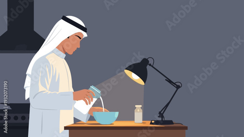 arab man preparing suhoor in a quiet kitchen pouring milk into a bowl under the warm glow of a desk lamp.