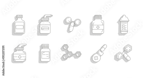 medical and pharmaceutical line art icons illustrating health and science concepts ideal for modern healthcare design