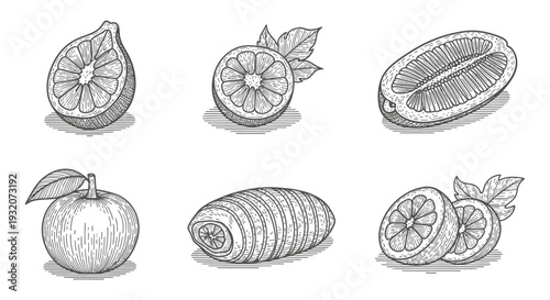 engraved citrus fruit and apple illustrations set perfect for organic healthy food and vintage designs