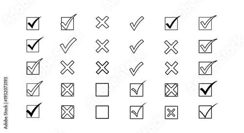 black check mark and cross symbols in a grid for digital ui forms and task completion illustrating choice approval and rejection.