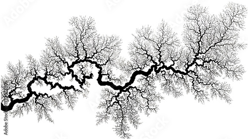 A winding, abstract depiction of an arboreal scene, with a dark, thick central trunk and branching elements