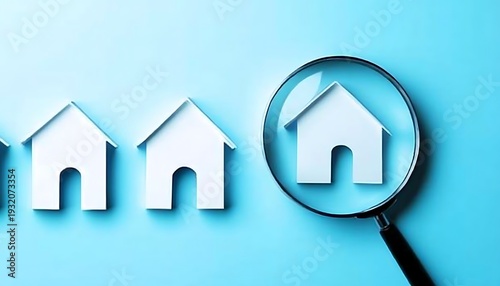 Real Estate Search Concept with Houses and Magnifying Glass on Blue Background