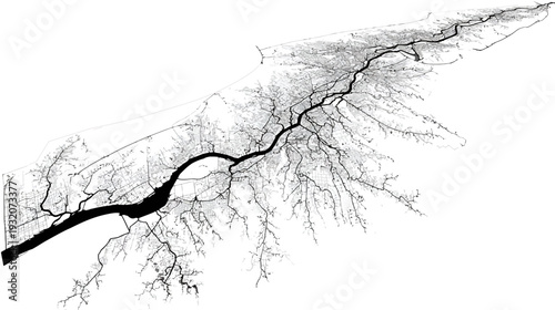 A grayscale, angled map featuring a thick river system and varying shades representing infrastructure