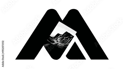 Black and white stylized mountain scene enclosed within an abstract "M" shape