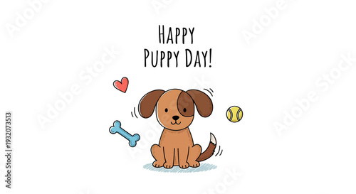 Cartoon Puppy Sitting with Dog Toys Nearby.