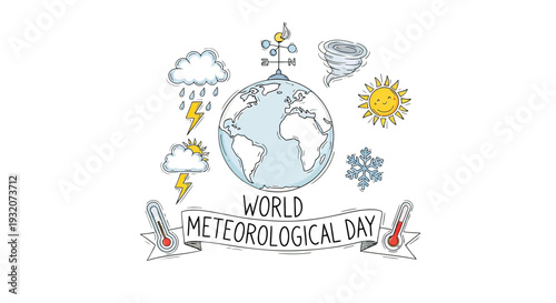 World Meteorological Day Illustration with Weather Symbols.
