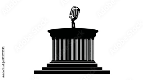Silhouetted illustration of a retro microphone atop a classical-style building with columns and steps
