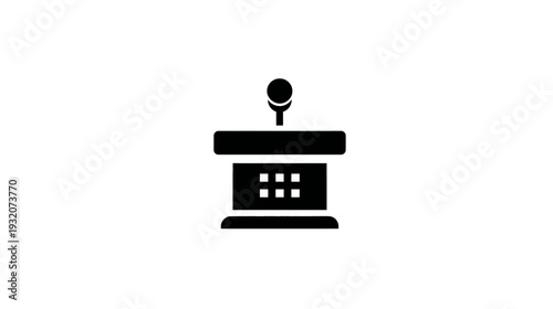 A simple, black podium icon with a microphone, set against a pristine white backdrop