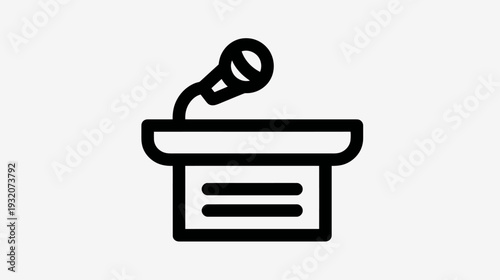 A simple, black-outlined illustration of a podium with a microphone. Plain, minimalist aesthetic