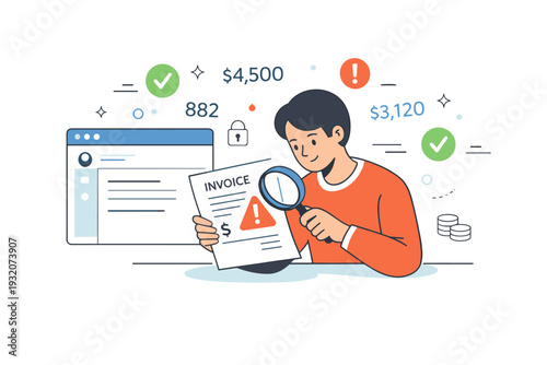 Invoice fraud detection. A person reviewing an invoice document next to an email window, numbers and checkmarks floating softly. Careful verification process,