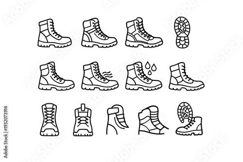 Tactical Gear Boots. Line icon set of Tactical Gear Boots: tactical boots, reinforced ankle boots, quick-lace boots, grip sole boots, lightweight combat boots,