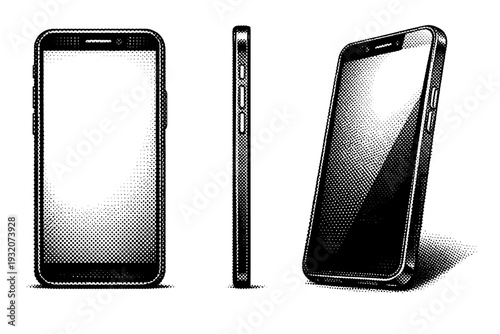 Smartphone with buttons A realistic smartphone highlighting power and volume buttons integrated into the frame shown from front, side, and angled views as a