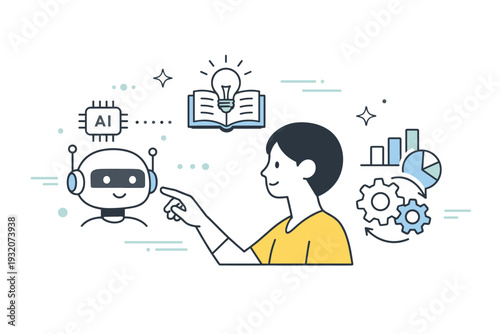 Adapting to the future. A profile figure interacting with simplified AI, data, and automation icons arranged in a balanced way. The illustration shows learning