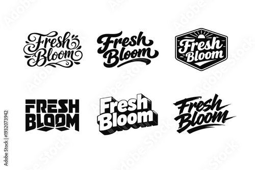 Fresh Bloom. Set lettering. harmonious lettering variations of the same emblematic concept, each with different artistic interpretation (Whimsical curly type