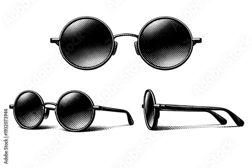 Round sunglasses Minimal round sunglasses with circular lenses, slim bridge, and thin temples shown straight-on, angled, and profile views as a single object.