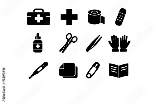 First Aid Kit. Solid icon set of First Aid Kit: first aid box, medical cross, bandage roll, adhesive bandage, antiseptic bottle, scissors, tweezers, gloves,