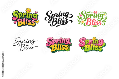 Spring Bliss. Set lettering. harmonious lettering variations of the same emblematic concept, each with different artistic interpretation (Funky cartoon-style