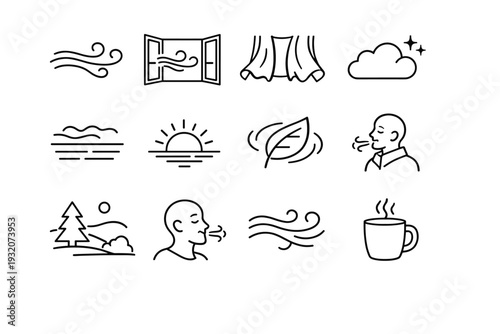 Cool Morning Air. Line icon set of Cool Morning Air: gentle wind lines, open window breeze, curtains flowing, cool cloud symbol, light mist, calm weather,