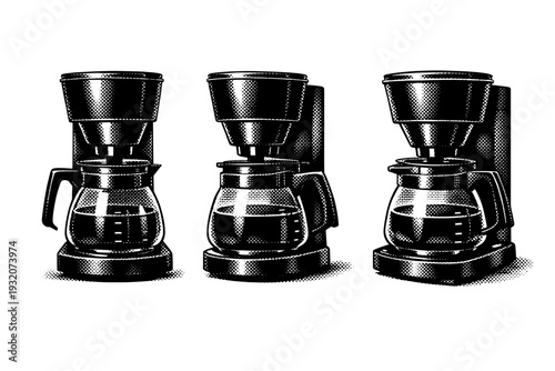 Vintage drip coffee maker A mid-century vintage drip coffee maker shown as a single object, presented in front, profile, and three-quarter views highlighting