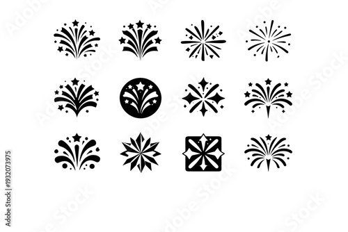 July. Icon set. Set Logo of July: fireworks burst. harmonious logo variations of the same emblematic concept, each with different artistic interpretation