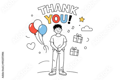 Birthday gratitude. Person standing with balloons and thank-you text floating above, gentle smile and relaxed posture. Feeling of appreciation, warmth, and