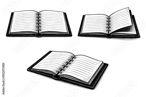 Open notebook An open notebook with visible binding, evenly spaced pages, and central crease shown fully open, half-open, and angled top views as one object