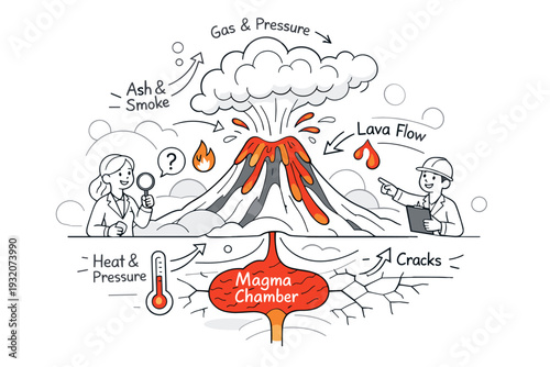 Volcano Science. Volcano erupting gently with stylized lava flows and smoke clouds, educational and non-threatening mood. Floating arrows and symbols