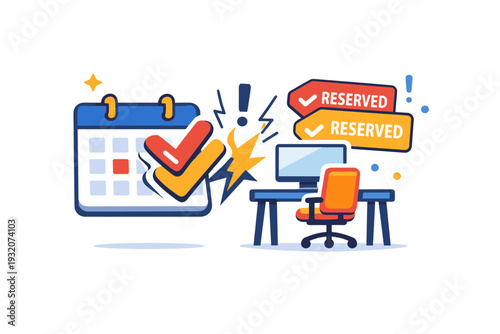 Workplace booking stress expressing daily friction in flexible offices, shown through a calendar and desk icon clashing with overlapping reservation symbols.