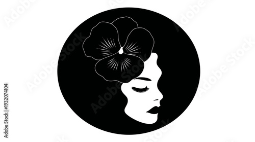 A woman's profile with a flower in her hair is encased in a black circle on a white background