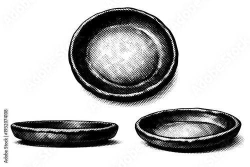 Plate ? rustic handmade pottery plate with uneven rim organic shape and thick body represented as one isolated object. Black and white dot style with halftone