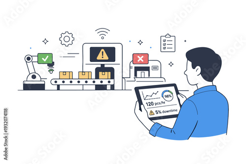Production monitoring system. A person observing real-time metrics on a tablet while machines display simple status indicators. A clean editorial illustration