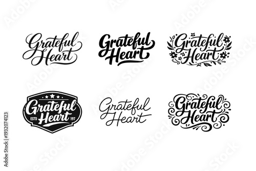 Grateful Heart. Set lettering. harmonious lettering variations of the same emblematic concept, each with different artistic interpretation (Elegant script with