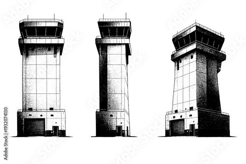 Airport control tower base structure with service doors and vertical massing, depicted as one realistic tower base shown in three views including front, side,