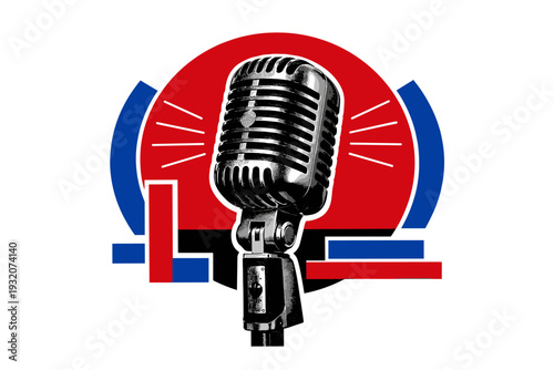 Black and white retro-style vintage microphone centered in the composition, realistic photographic texture with a bold white cut-out outline effect, layered