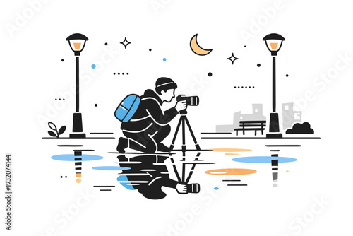 Quiet night photo walk. A lone photographer capturing reflections on wet pavement under streetlights. The illustration suggests silence, focus, and creative