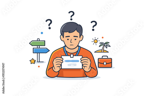 Post-exit identity crisis represented by a former founder figure holding a name badge with blurred text, surrounded by question marks and minimal symbols of