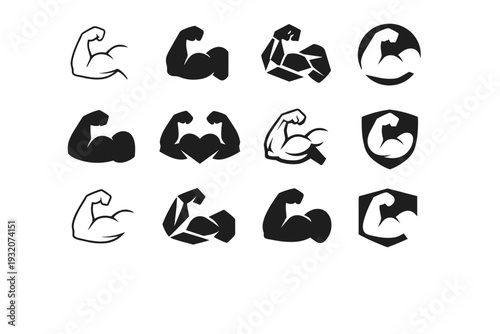 workout motivation. Icon set. Set Logo of workout motivation: flexed muscle. harmonious logo variations of the same emblematic concept, each with different