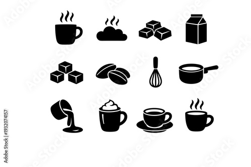 Hot Cocoa Drink. Solid icon set of Hot Cocoa Drink: cocoa mug, steam cloud, chocolate chunks, milk carton, sugar cubes, cocoa beans, whisk, saucepan, pouring