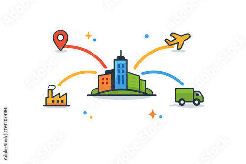 Transport planning map illustrating connectivity and efficient distribution. A simple symbolic scene where routes link multiple points to a central destination